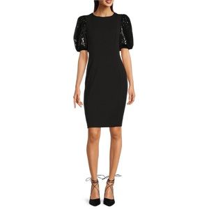 Calvin Klein Black Sequin Puff Sleeve Sheath Cocktail Dress Size 2 NWT
